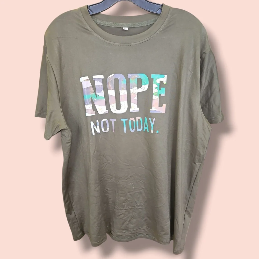 🚨SOLD🚨 Nope Not Today Green Camp Print Graphic Tee New - Picture 2 of 3